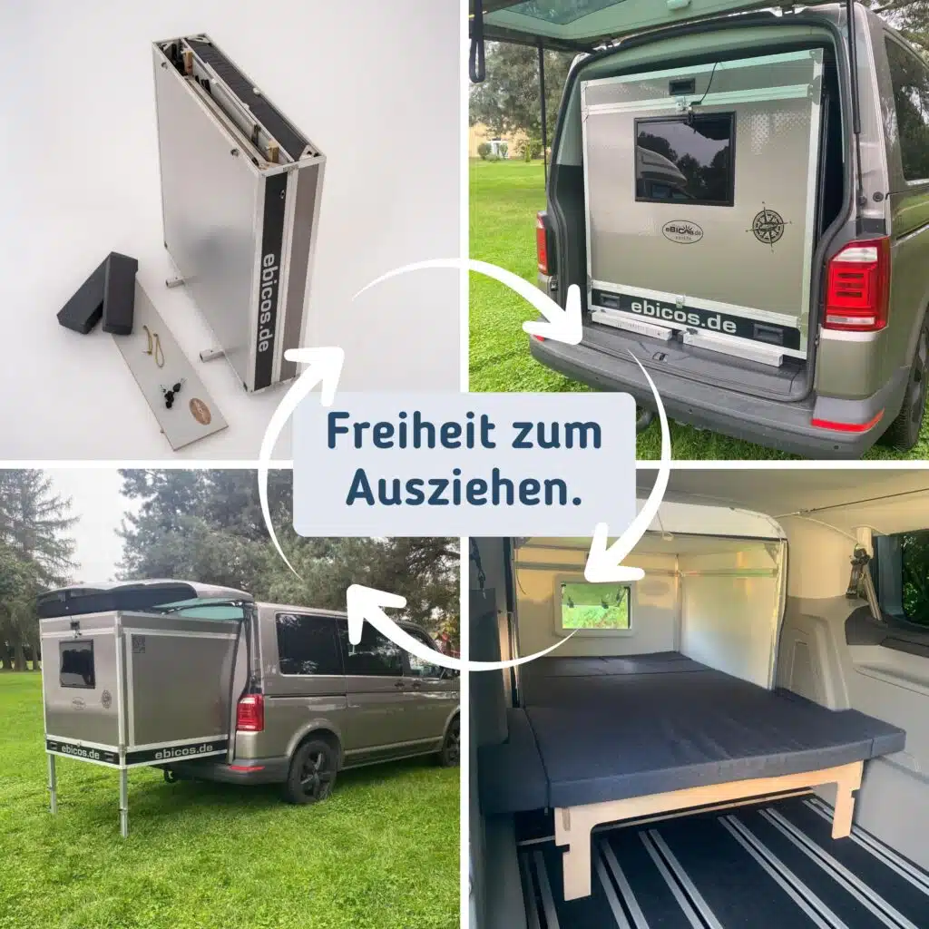 Ausziehbare Campingbox im Van – kompakte Box, ausgezogenes Schlafmodul und Einsatz im Alltag